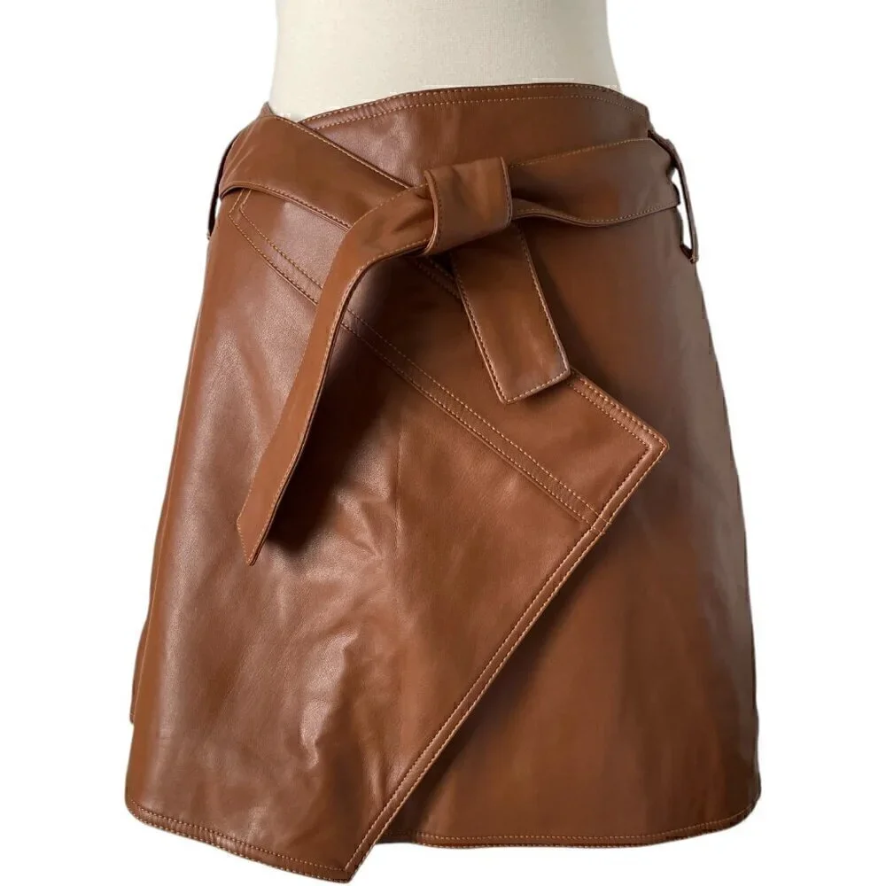 Divine Heritage Faux Leather Wrap Mini Skirt S Brown Belted